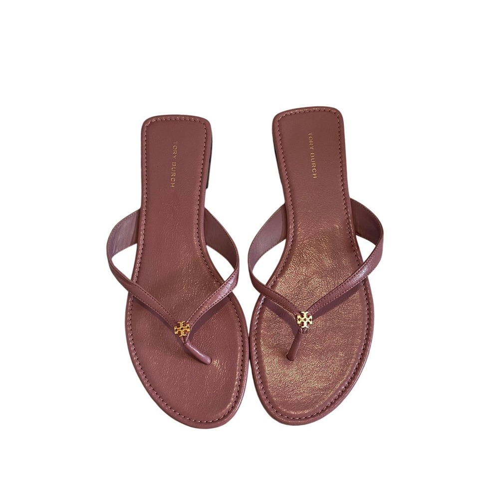 Tory Burch Emmy Mauve Pink Leather Thong Sandals Gold Logo Flat Flip Flops 9.5M